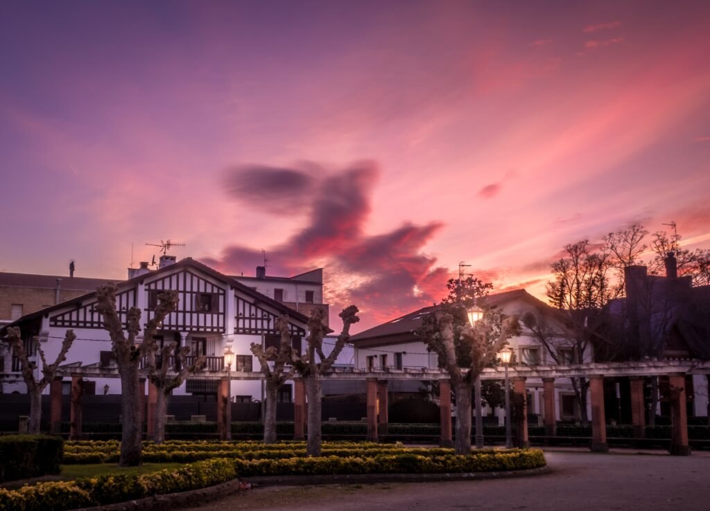 beautiful shot houses pamplona spain with scenery sunset background